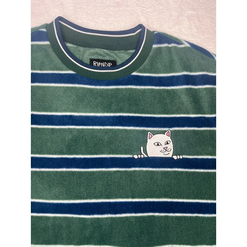 RipnDip Green Striped Long Sleeve Polar Fleece Crewneck Nermal Cat sz S Skater